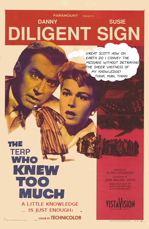 A movie poster for 'The terp who knew too much'.
