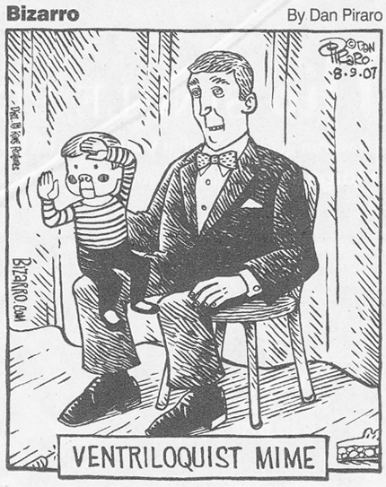 A ventriloquist is making his dummy do mime