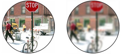 A comparison of normal vision of a street scene with an overall fuzzy view with a cataract
