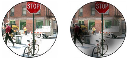 A comparison of a normal view of a street and a view with spotty, grey, translucent areas